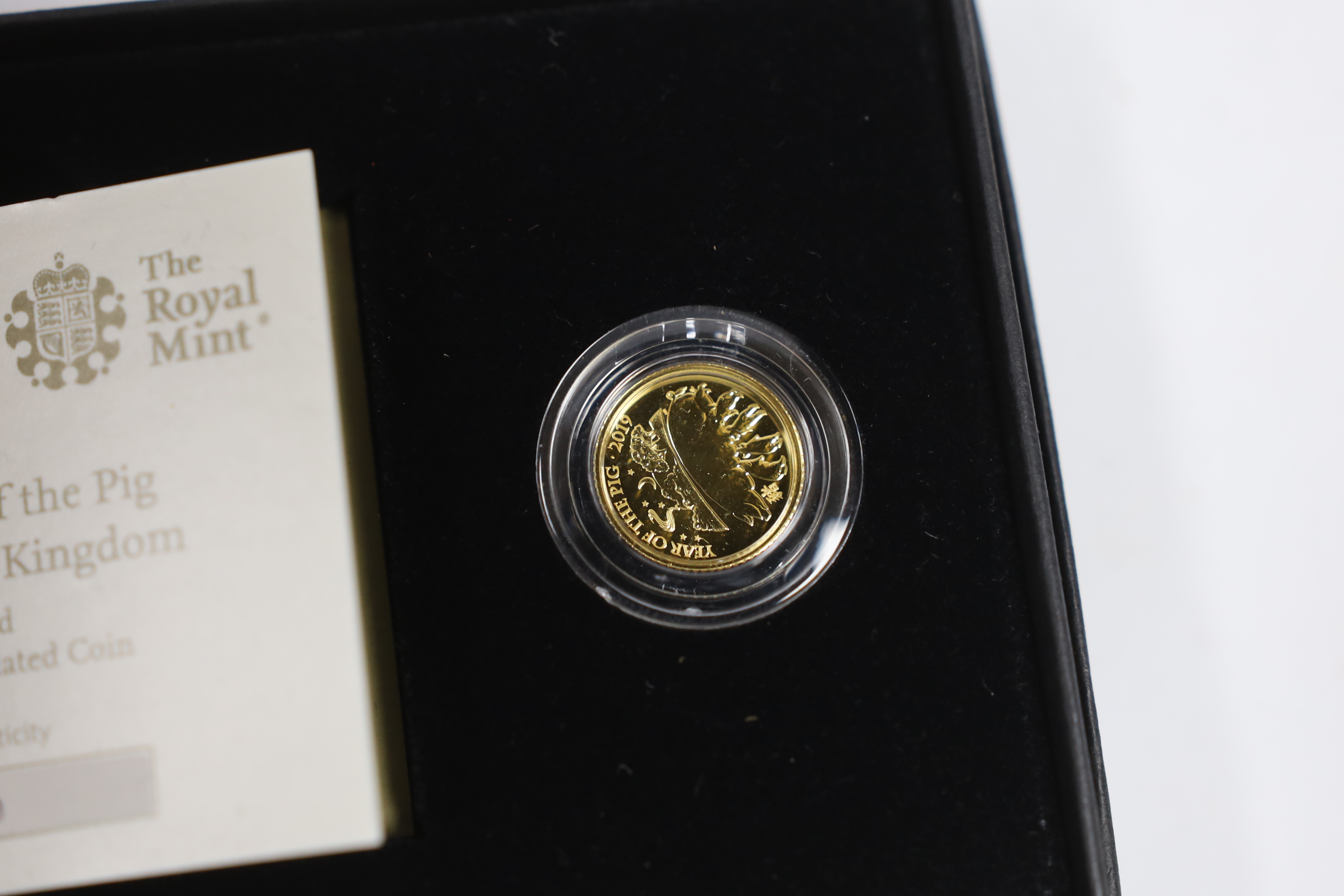 Royal Mint Lunar Year of the Pig, 2019, one tenth oz gold BUNC coin and one oz silver proof coin (two cases).